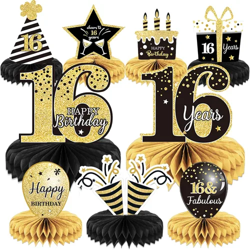9 piezas de decoración de cumpleaños número 16 para niños, color negro y dorado, decoración de mesas de cumpleaños de 16 años, centros de mesa de