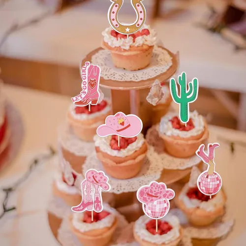 Vista 3 de 40 piezas de decoraciones para cupcakes de vaquera de doble cara con herradura, cactus, sombrero y bota, palillos para cupcakes, bola de discoteca