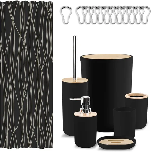 Vista 10 de Britimes juego de accesorios de baño, juego de cortinas de ducha boho con cubo de basura, dispensador de jabón, soporte para escobilla de inodoro