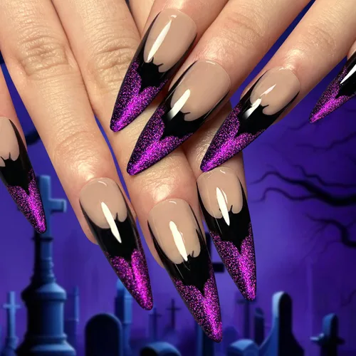 Uñas postizas largas a presión de Halloween, uñas postizas de cobertura completa, con diseños de murciélagos, uñas postizas con purpurina, punta