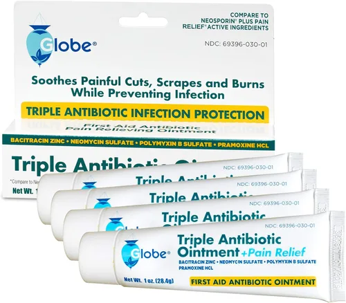 Vista 4 de Globe Paquete de 4 antibióticos triples + ungüento para aliviar el dolor, 1 onza, antibiótico de primeros auxilios, alivia el dolor, cortes