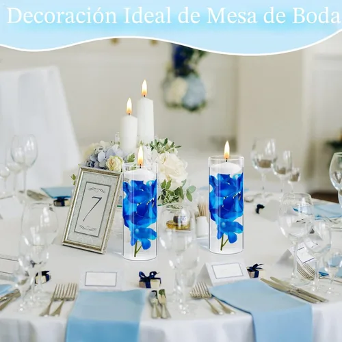 Vista 5 de Juexica 28 piezas de flores flotantes para centros de mesa, flores de orquídea azul, rellenos de jarrón, velas flotantes sin perfume para boda