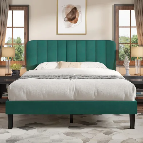 Vista 24 de VECELO - Base de cama tapizada de tamaño Queen con cabecera y 4 cajones, cama de plataforma de almacenamiento de terciopelo, soporte de listones