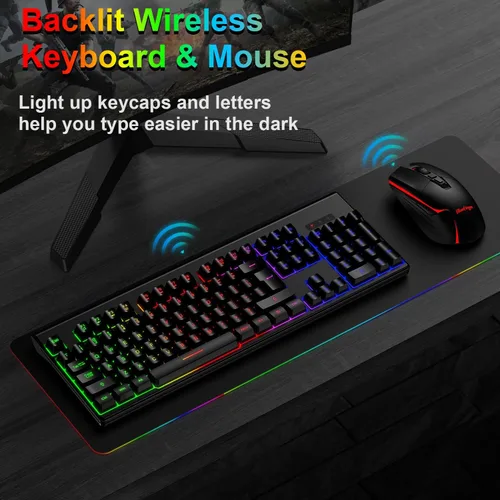 Vista 7 de Teclado y mouse inalámbricos para juegos, teclado inalámbrico recargable con retroiluminación arcoíris y mouse ergonómico con iluminación