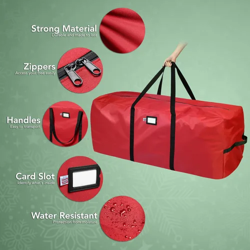 Vista 5 de Bolsa de Almacenamiento de Navidad de Servicio Pesado que se Adapta a Árboles Artificiales de hasta 7.5 pies de Altura, Impermeable con Asas Verde