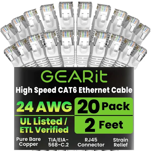 Vista 52 de GEARit Paquete de 50 cables Ethernet Cat6 de 0.5 pies Cable de conexión de red RJ45, conectores chapados en oro sin enganches de 10 Gbps, cable