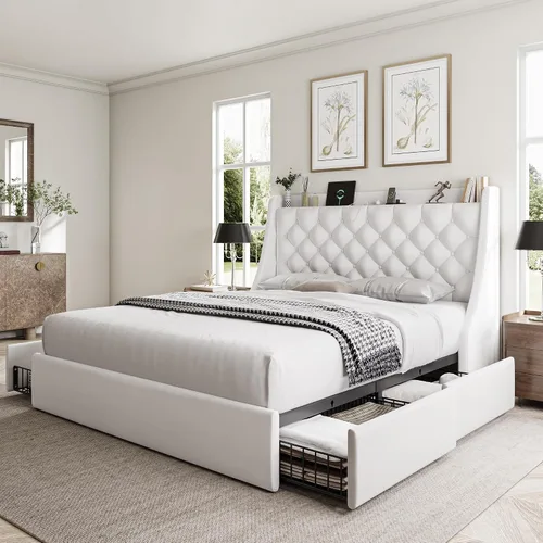 Vista 12 de GalnFu Marco de cama de tamaño completo con 4 cajones de almacenamiento, cabecera tapizada grande tipo wingback, estación de carga rápida, no Beige