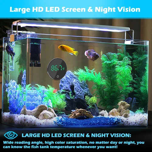 Vista 6 de Termómetro para acuario con pantalla LED digital recargable, termómetro para pecera, medición HD, temperatura precisa de acuario ± 0.9 °F, adecuado