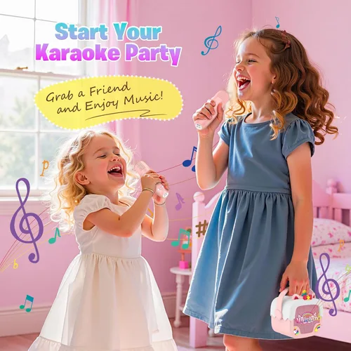 Vista 8 de Mini máquina de karaoke para niños y niñas: altavoces Bluetooth portátiles de unicornio con 2 micrófonos inalámbricos, regalos de cumpleaños de Rosa