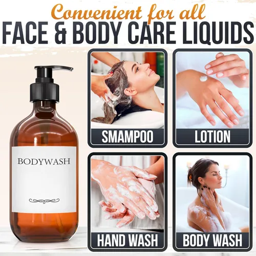 Vista 8 de Dispensador de jabón de plástico ámbar con bomba, juego de 3 botellas recargables de champú y acondicionador de 16 onzas, duradero y reutilizable