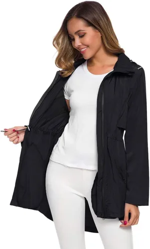 Vista 3 de Avoogue Impermeable largo para mujer con capucha para exteriores, ligera, rompevientos impermeable
