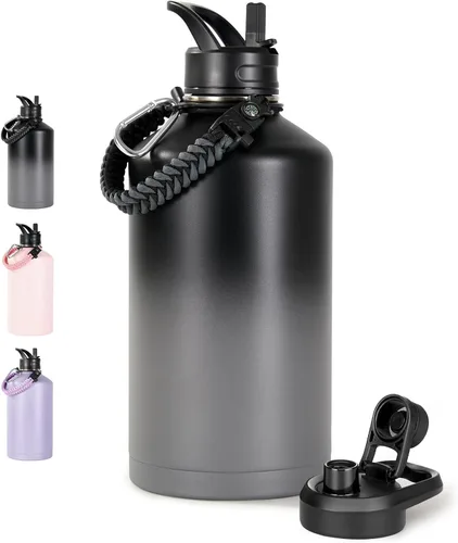 Vista 32 de Fijinhom Botella de agua aislada de 18 onzas con asa, botellas de agua de acero inoxidable 304 con boca ancha, botella de agua deportiva al vacío