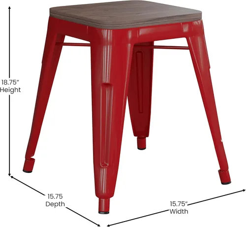 Vista 12 de Flash Furniture Juego de 4 taburetes de metal con asiento de madera, taburete Kai de grado comercial negro sin espalda, sillas de comedor apilables