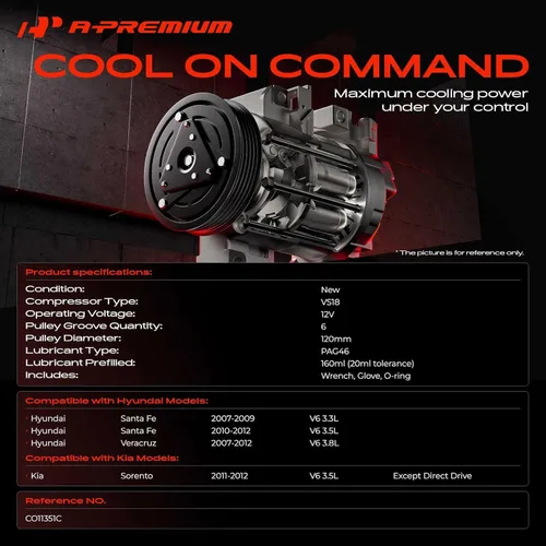 Vista 2 de A-Premium Compresor de aire acondicionado con embrague compatible con Kia Sorento 2011-2012, Hyundai Santa Fe Veracruz 2007-2012, 3.3L 3.5L 3.8L