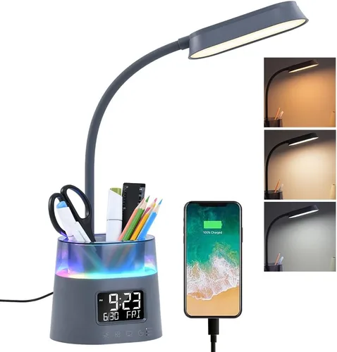 Vista 7 de WILIT LED Desk Lamp for College Dorm Room Essentials, Students Study Lamp with USB Charging Port, Pen Holder, Clock & RGB Night Light, Office Desk