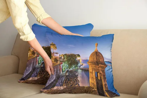 Vista 2 de Lunarable Juego de 2 fundas de cojín de Puerto Rico, diseño de Coast at Paseo de la Princesa, diseño de elementos arquitectónicos de estilo retro