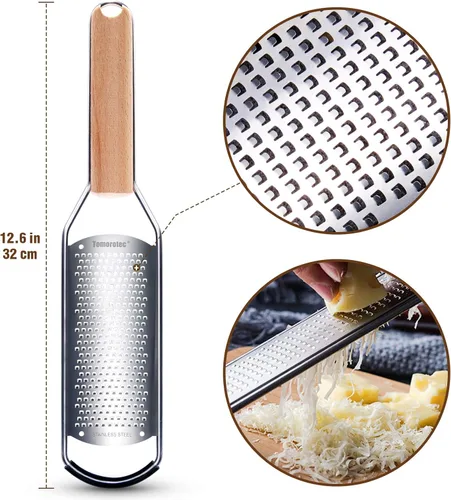 Vista 6 de Rallador de queso de acero inoxidable con mango de madera natural para queso parmesano, limón, jengibre, queso, nuez moscada, papa, chocolate y ajo