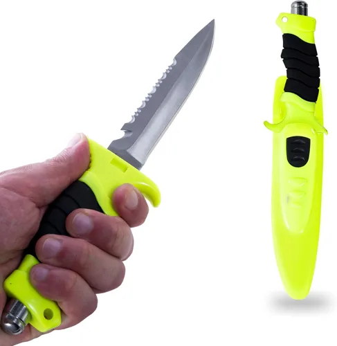 Vista 2 de Cuchillo de seguridad de buceo de acero inoxidable con correas ajustables de liberación rápida para las piernas y funda de bloqueo, hoja de 5