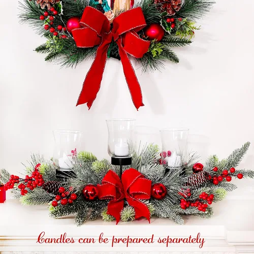 Vista 4 de Centro de mesa navideño rojo, decoración navideña de cedro con 3 portavelas de cristal, bayas rojas, bolas para fiestas navideñas, hogar, chimenea