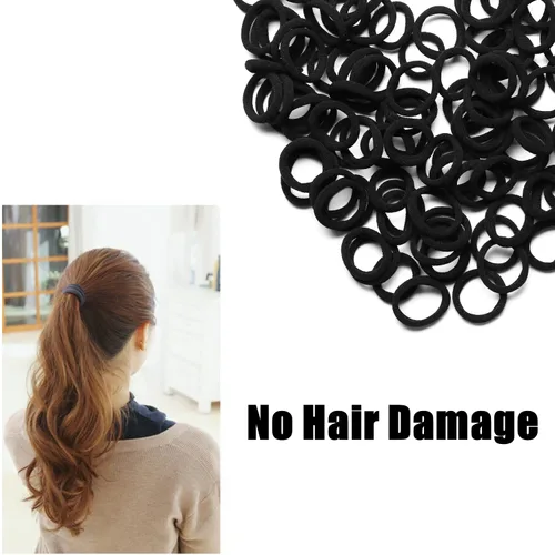 Vista 4 de WANBY Ligas para el cabello, mini bandas negras sin costuras, suaves y elásticas, soportes para cola de caballo (100 unidades)