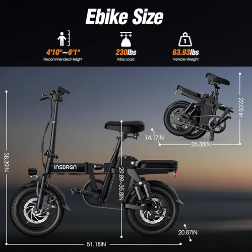 Vista 8 de INSDRGN Electric Bike for Adults and Teens, 14" Folding E Bikes, 650W Peak Motor, 48V 499Wh/768Wh Removable Battery, 28-50 Miles PAS Range, 20MPH