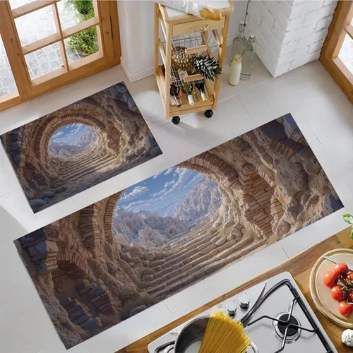 Kitchen Mats for Floor 2 Piece Set 3D Rock Cave Non Slip Kitchen Rugs Washable Retro Architecture Floor Mats Brown Area Rug Runner for Hallway
