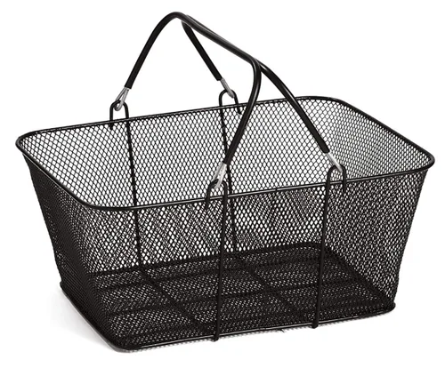 Vista 2 de SSWBasics Cestas de compras de metal negro con soporte y letrero – Juego de 12 – Dimensiones de la cesta 17 pulgadas de ancho x 12 pulgadas