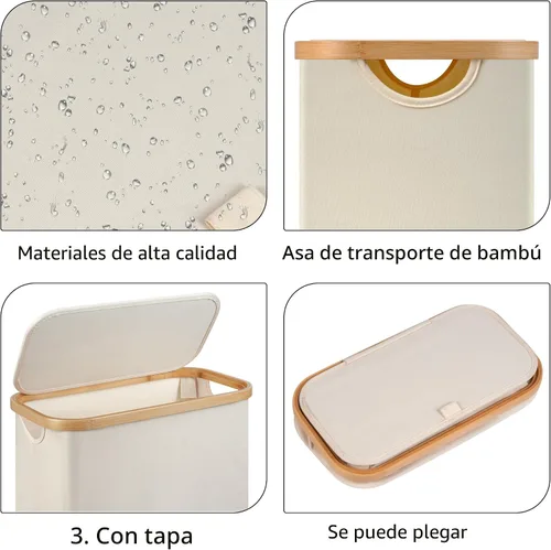 Vista 2 de Cesta de lavandería delgada, cesta estrecha con tapa, cesta de 60 litros para lavandería, cesta de tela sucia con mango de bambú para juguetes, Beige