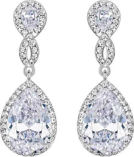 EVER FAITH Aretes de boda de circonita cúbica para mujeres, novias, piedra natal de cristal austriaco, boda, 8 formas infinitas, aretes colgantes de