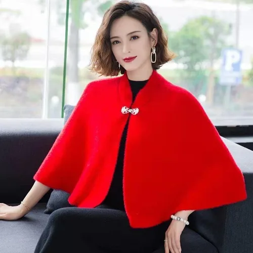 Vista 2 de Baoqiya Capas Capelet de mezcla de lana con capucha poncho cálido estola de novia chal para mujer