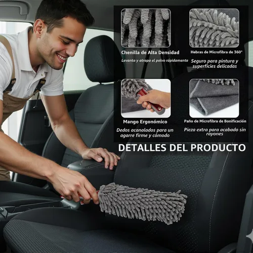 Vista 3 de Plumero para interior de coche por TAKAVU, dedos de microfibra de 360°, mango cómodo irrompible, libre de pelusas y arañazos, incluye paño