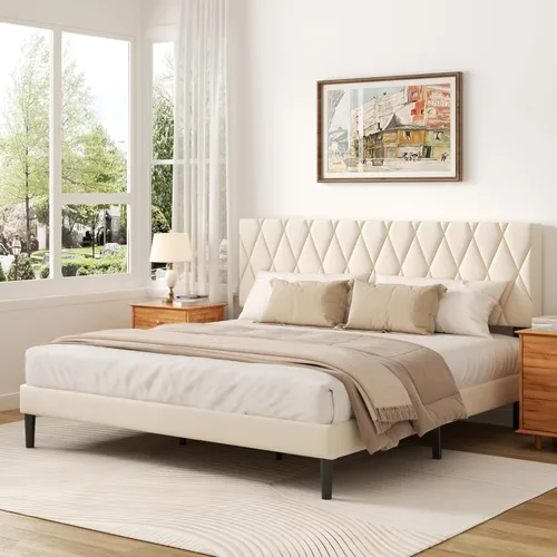 Vista 8 de CXVX Marco de cama tamaño completo con cabecera capitonada de diamante, cama plataforma tapizada en terciopelo y soporte de listones de madera, sin