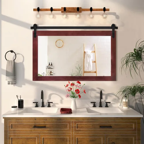 Vista 13 de COGOOD Espejo de puerta de granero de granja, 25 x 18 pulgadas, espejo decrativo con marco de madera rústica para baño, sala de estar, decoración