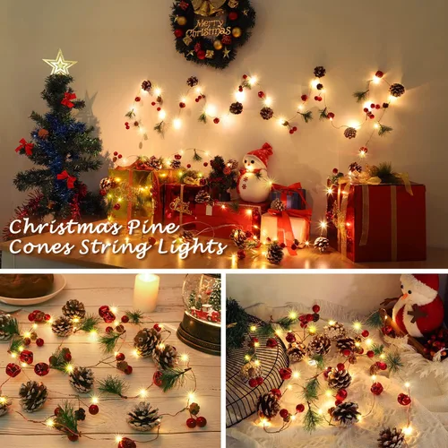 Vista 2 de Guirnalda de Navidad con tira de luces de 10 pies, 30 luces LED de pino, campanas de bayas rojas, decoraciones de Navidad interiores para el hogar