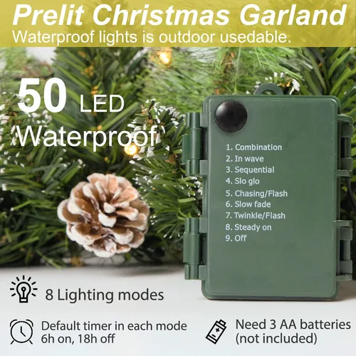 Vista 4 de Guirnalda navideña preiluminada de 9 pies con 50 luces LED, guirnalda navideña estilo cono de pino y nieve, para interiores y exteriores