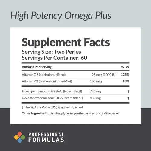 Vista 3 de Fórmulas profesionales Omega Plus – EPA de alta potencia (720 mg) y DHA (480 mg) con vitaminas D3 + K2 – Apoya la salud cardiovascular, inmune, ósea