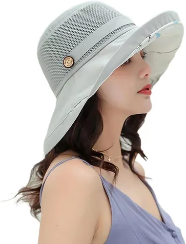 Sombreros de malla de verano para mujeres con protección UV de ala ancha plegables para playa tipo bucket Gris