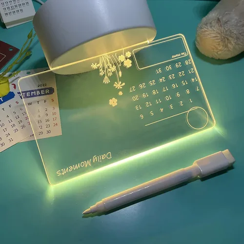 Vista 4 de Rewritable Led Light Drawing Board, Clear White Led Message Board with Light, Acrylic Led Note Board Light Up Calendar with Stand for Desk Fridge #