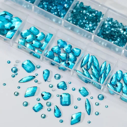 Vista 4 de Diamantes de imitación azules para uñas, gemas de diamantes de imitación de cristal 3D, diamantes de imitación de parte trasera plana, varios