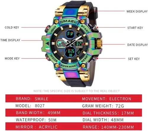 Vista 4 de SMAEL Reloj deportivo digital para hombre, resistente al agua, de doble pantalla, para hombre