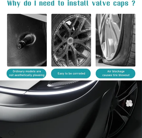 Vista 4 de Augeny 4 tapas de válvula de neumático con diseño de pata de cristal, hechas a mano con diamantes de imitación, tapas antipolvo para válvulas