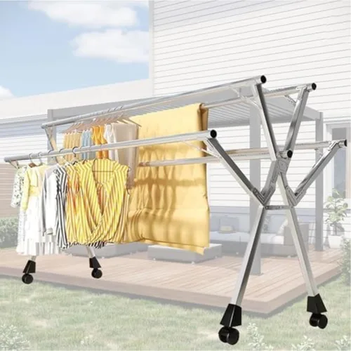 Industrial-Grade Folding Drying Rack, 5-Rod Stainless Steel Laundry Hanger, Heavy Duty, Space-Saving, Retractable for Balcony, Bedroom (63in 63in)