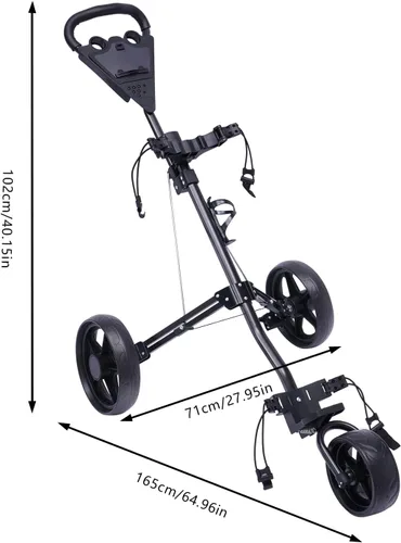 Vista 4 de Carro plegable de 3 ruedas para palos de golf con marcador y freno de pie y portavasos