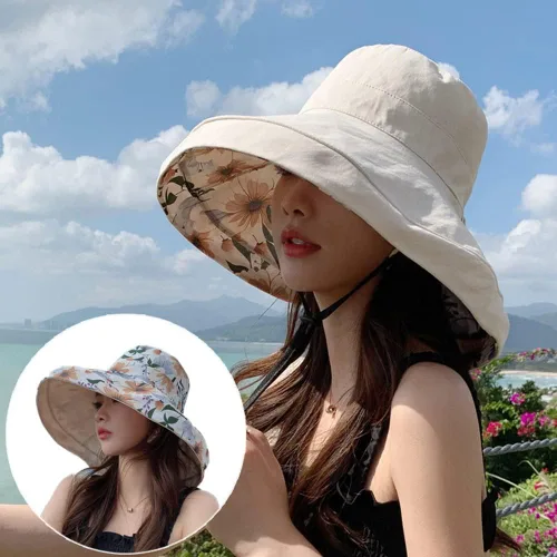 Vista 2 de Sombreros reversibles florales para el sol, protección UV, con protección UPF y ala ancha y correa de barbilla para mujer