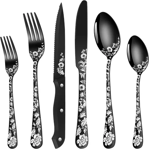 Vista 8 de Juego de cubiertos negros de 24 piezas con cuchillo de carne, juego de cubiertos planos negros para 4, juego de cubiertos de acero inoxidable