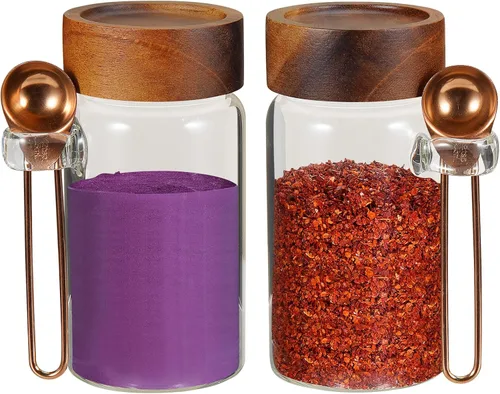 Vista 23 de Frascos de vidrio para café, tarros para especias, frasco de almacenamiento redondo con tapa de madera, frasco de vidrio transparente para alimentos