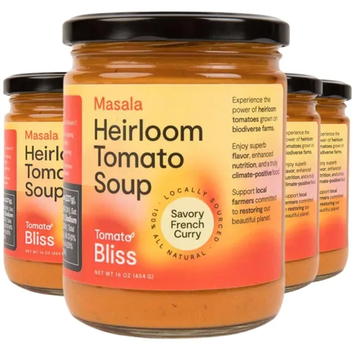 Tomato Bliss - Sopa de tomate de curry de Vadouvan, totalmente natural, sin OMG, vegana, sin lácteos, sin azúcar añadido, sopas de tomate