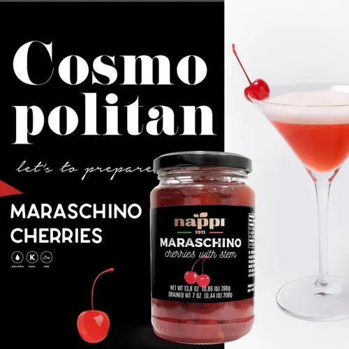 Vista 3 de Nappi 1911, Cerezas de Cóctel Maraschino con Tallo en Almíbar, Tarro de 13,76 oz (390 g) Producto de Italia