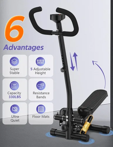 Vista 2 de Amicus Mini stepper para ejercicio, escalones hidráulicos de altura ajustable con banda de resistencia para el hogar, capacidad de peso de 330 libras