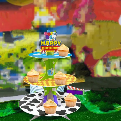 Vista 4 de Soporte para cupcakes de 3 niveles de historieta de dibujos animados, soporte de torre de postres para decoración de cumpleaños, suministros